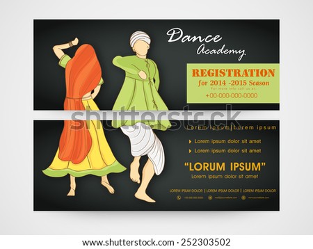 Dance academy header with illustration of dancing woman and man wearing traditional clothes.