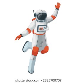 Baile de astronauta volando en ilustración vectorial de gravedad cero. Caricatura aislada pose del personaje de un hombre espacial bailando con la mano arriba, cosmonauta bailarina en una fiesta de música cósmica, astronauta en la ingravidez