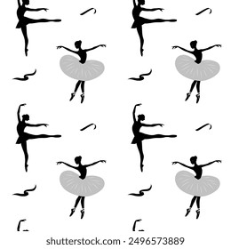 Dance background. Seamless pattern with silhouettes of ballerinas on a white background. Ballerinas in a tutu.  Ballet dancing