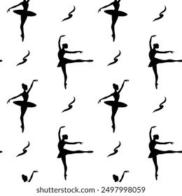 Dance background. Seamless pattern with silhouettes of ballerinas on a white background. Ballet dancing