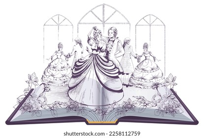 Dance ball puffy dresses classical dance. Open book illustration drawing. Vector isolated on white