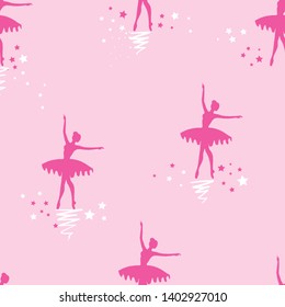 Dance ballerina silhouette repeat ornament. Girlish seamless pattern for fashion textile, clothes, wrappin paper.