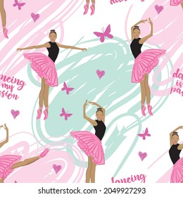 Dance ballerina silhouette repeat ornament. Girlish seamless pattern for fashion textile, clothes, wrappin paper.
