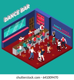 Dance bar isometric composition with bartenders working behind bar counter and young dancing people vector illustration 