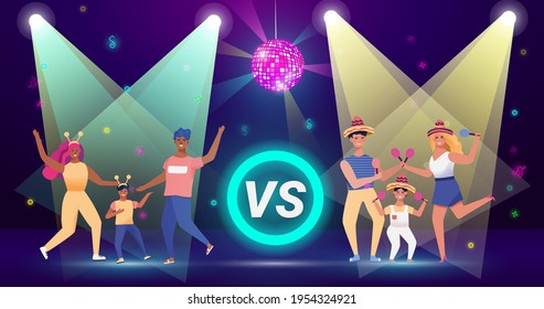 Dance battle, colorful stage background, people dance to energetic, cheerful music, design in cartoon style, vector illustration.