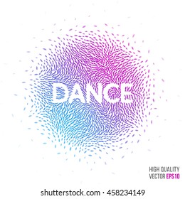 Dance beautiful design element for greeting card template layout with moving particles and swirl explosion effect for party, holiday banner, festival and club. Blue, purple vector.