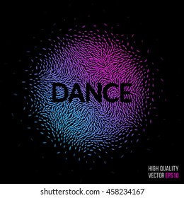 Dance beautiful design element for greeting card template layout with moving particles and swirl explosion effect for party, holiday banner, festival and club. Blue, purple vector.