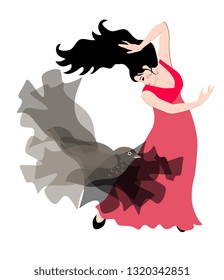 Dance with black bird. Flamenco. Spanish girl in long red dress dancing with transculent shawl in shape of flying fairybird.