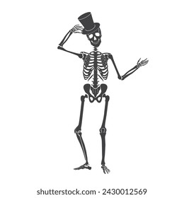 Dance of black skeleton, dead gentleman character holding cylinder to raise in greeting vector illustration