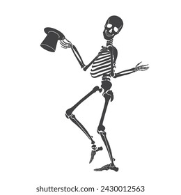 Dance of black skeleton, spooky Halloween ghost character walking with hat vector illustration
