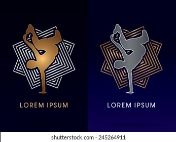 Dance, Break dance , designed using gold and silver on square background, logo, symbol, icon, graphic, vector.