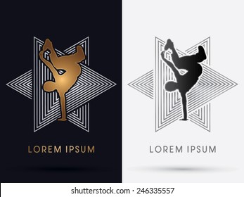 Dance, break dance , designed using gold color ,on triangle background logo, symbol, icon, graphic, vector.