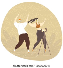 Dance challenge. Modern entertainment of young people on the Internet. Dancing in front of the camera. Recording for apps and social media