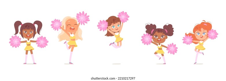 Dance of cheerleaders set vector illustration. Cartoon isolated young cute girls in uniform cheer football school or college team, dancing with pompoms and jumping high. Cheerleading, spirit concept