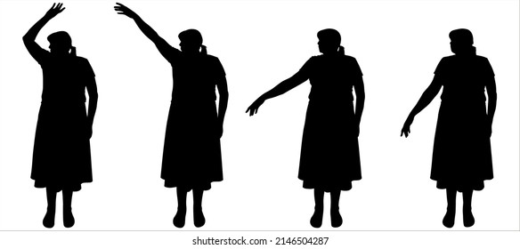 Dance. Dance class. Poses of a dancing woman for motion animation. A woman with a tail of hair on her head, in a skirt and blouse, or a dress below the knee. Front view. Four black female silhouettes 