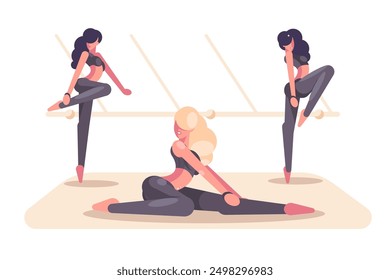 Dance Class Session. Vector illustration depicting dancers stretching and warming up in a dance studio.