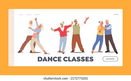 Plantilla de la página de inicio de clases de baile. Parejas mayores, ancianas y ancianas felices abrazándose, dándose la mano mientras bailan. Personajes Viejos Citas, Amor, Educación. Ilustración de vectores de personas de caricatura