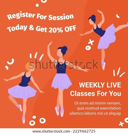 Dance classes and lessons, register for session now and get twenty percent off price. Weekly live studies for you. Ballet or classic type of dancing. Promotional banner. Vector in flat style
