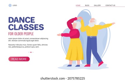 Dance Classes For Older People Website Template With Senior Couple Dancing, Flat Cartoon Vector Illustration Isolated On White Background. Fitness Activity In Retirement.