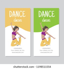 Dance classes poster with character of dancer jumps in a choreography. Vector Isolated illustration for print on T-shirt and bags, dance studio and fitness club posters on white background
