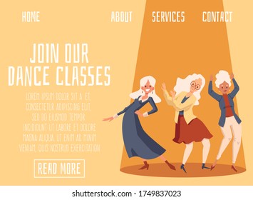 Dance classes for seniors invitation banner template with elderly dancing women characters, flat vector illustration. Leisure and recreation centre for old people ad.