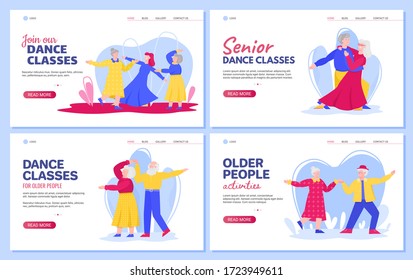 Clases de baile para las banderas web de las personas de edad superior e ilustraciones planas vectoriales.