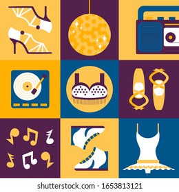 Dance clothes and accessories in flat style collage, set of icons and stickers, vector illustration. Classic ballet dress and clothing for modern disco dancing. Contemporary dancer music symbols