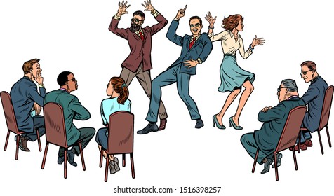 Dance competition. Dancing people and jury. isolate on white background Pop art retro vector illustration drawing
