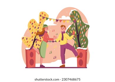 Dance concept with people scene in the flat cartoon style. Young couple dancing in the park. Vector illustration.