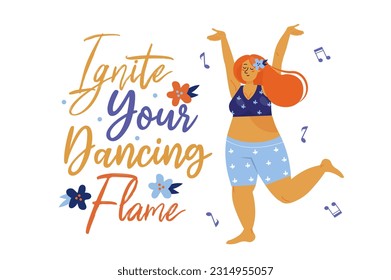 Dance concept with woman scene in the flat cartoon style. A girl dances for pleasure because she likes it. Vector illustration.