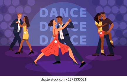 Dance contest. Contemporary choreography competitions. Ballroom dancing. Guys and girls with participant numbers. Tango or bachata tournament. Dancers performance. Garish