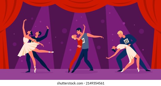 Dance contest. Sports pair dancing tournament, professional dancers characters on stage, group program, performing show. Different types dance latin, tango and waltz. Vector concept