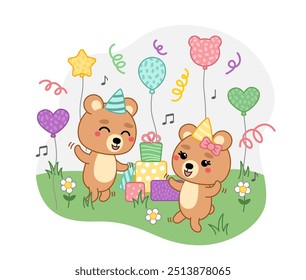 Baile de un par de osos en la fiesta de cumpleaños. Globos y regalos. Dibujos animados, kawaii, Ilustración vectorial aislada eps 10