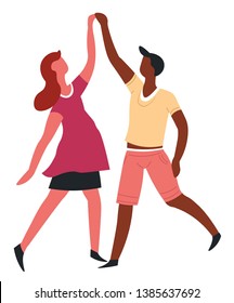 Dance couple dancing romantic date isolated characters vector African man and European woman movement or step holding hands international love entertainment and having fun boyfriend and girlfriend