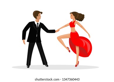 Dance couple holding hands performs ballroom dancing. A woman in a red top and a long flowing skirt with a leg bent at the knee. A man in a black suit. Flat style, isolated. Vector illustration