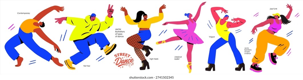 Dance, dancing and dancing people. Modern isolated vector illustrations of dance styles: contemporary, hip-hop, breakdance, high heels, classical ballet, vogue, and jazz funk on a transparent background for icons.