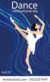 Tanztag. Ballerina und helle Wellen auf blauem Hintergrund.