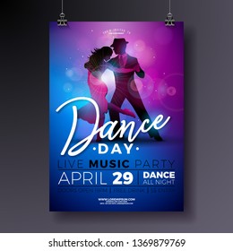 Dance Day Party Flyer design with couple dancing tango on shiny colorful background. Vector celebration poster illustration template for Ballroom Night.