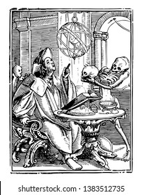 Dance of Death, The Astrologer from Hans Holbein's series of engravings, vintage line drawing or engraving illustration.