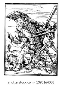 Dance of Death, The Pedlar from Hans Holbein's series of engravings, vintage line drawing or engraving illustration.