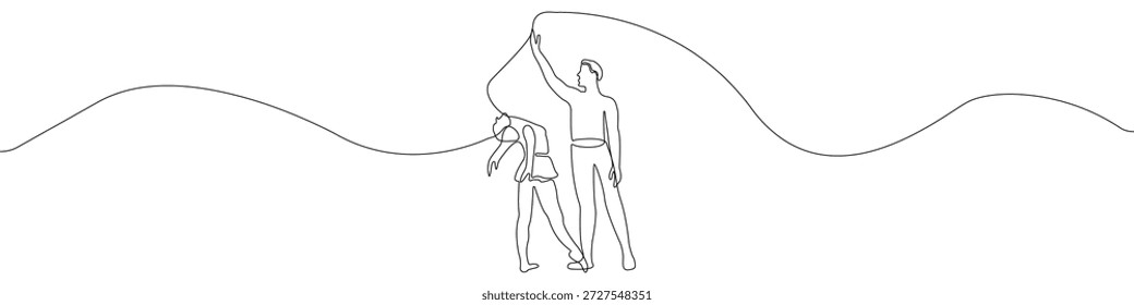 Dance duo icon line continuous drawing vector. One line Ballet duo icon vector background. Dancers icon. Continuous outline of a Dancing couple Gymnasts icon.