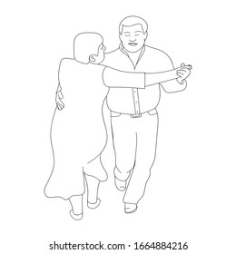 Dance Of The Elderly. Cheerful Couple, Man And Woman Dancing. Holiday. Line Art. Vector Illustration