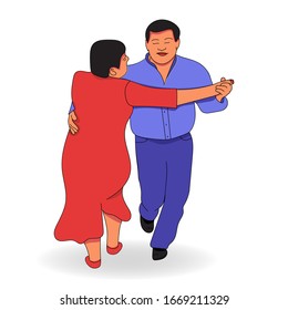 Dance Of The Elderly. Cheerful Couple, Man And Woman Dancing. Holiday. Line Art. Drawn By Hand. Vector Illustration