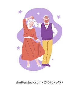 Dance of the elderly. Vector illustration of grandparents enjoying a dance on a purple background in a flat design. Concept of Dating, joint leisure and pastime.