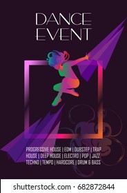 Dance Electronic music Hard Summer Dance Event, Pop, Modern Art festival poster. Night Club Disco party. Woman dancer Abstract music flyer. Woman dancing. Dynamic geometric hip hop, neon lights Vector