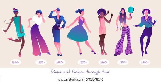 Dance and Fashion through time. Set seven women dancing wearing clothes from different eras, from the twenties to the 80s