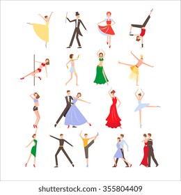 Dance festival, different dance styles, flat icon set isolated vector illustration