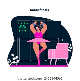 Dance fitness in VR. Groove to the rhythm with virtual dance classes. Fun and fitness merge in an animated workout experience. Move and shake in a digital dance studio. Flat vector illustration.