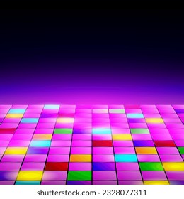 Dance floor amongst open space. Night disco party. Neon retro dance floor background. Vector illustration.