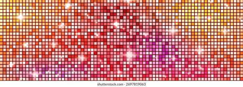 Dance floor background bright mosaic. Gradient disco ball mirror glitter texture. Shiny sequin pixel pattern warm yellow, red, purple colors gradation. Vector abstract backdrop illustration.